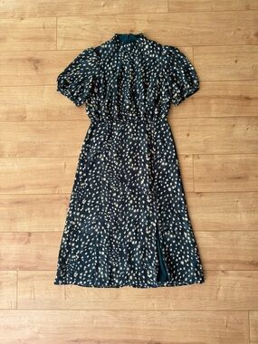 Ann Taylor Petite 00P Teal Dotted Maxi Dress Puff Sleeve Mock Neck Slit Midi